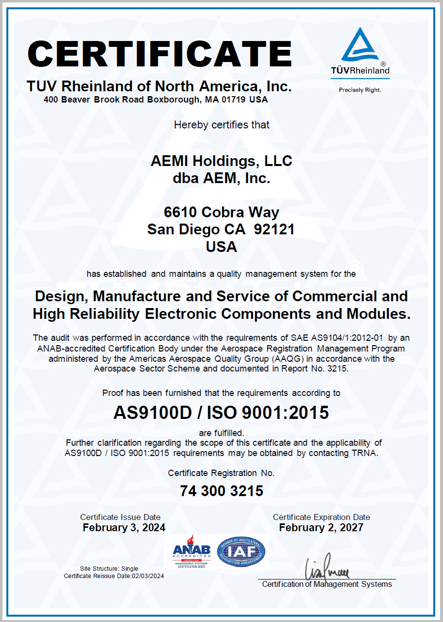 AEM USA ISO9001 Certificate