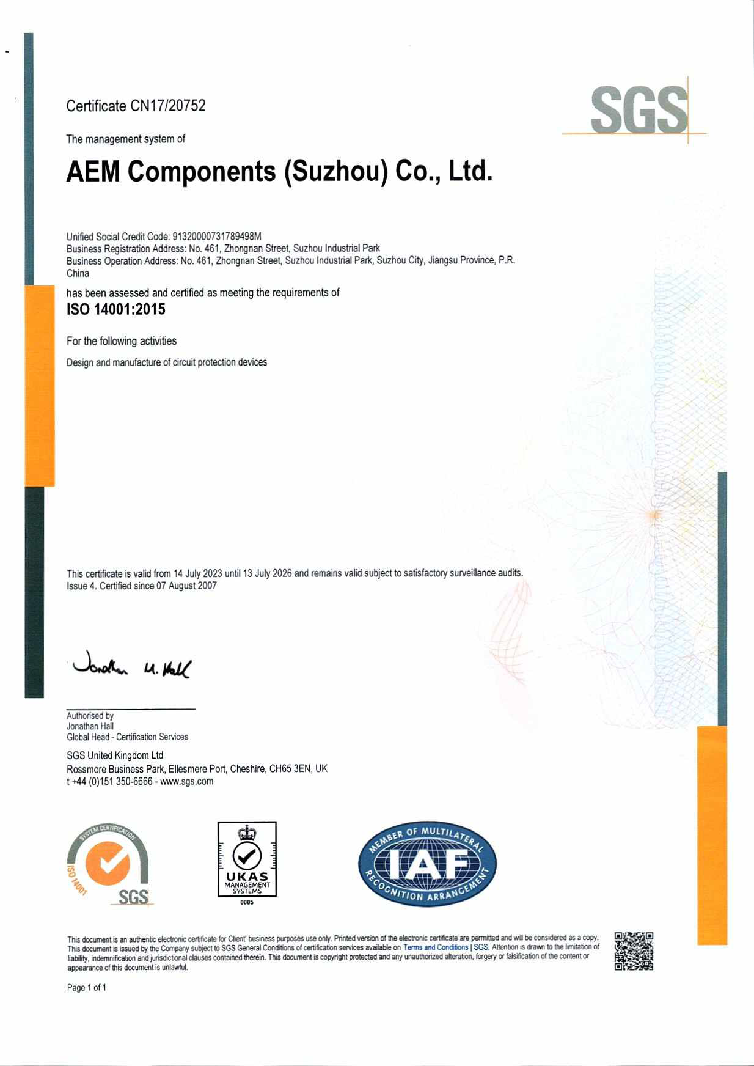 AEM Components ISO14001 Certificate