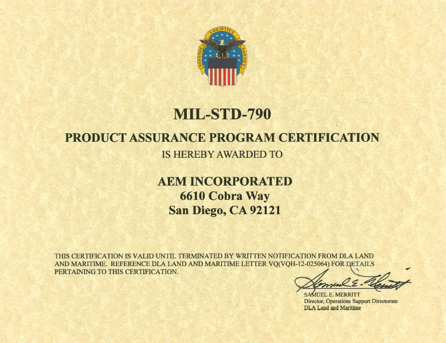 AEM USA MIL-STD-790 Certification